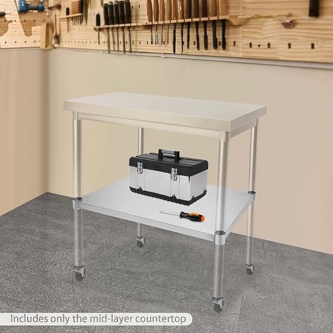 Eapmic Undershelf for Work Tables Adjustable Lower Shelf Stainless Steel Bottom Shelf Add for Commercial Prep Table Restaurant Kitchen Bakery Garage Workshop Use (27.95x21.65in A)