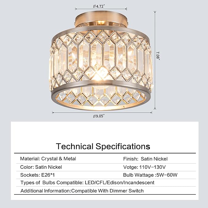 Crystal Ceiling Light Fixture Modern Semi Flush Mount Ceiling LightCrystal Chandelier for Kitchen Bedroom Bathroom Entryway Nickel Finish (Bulb not Included)