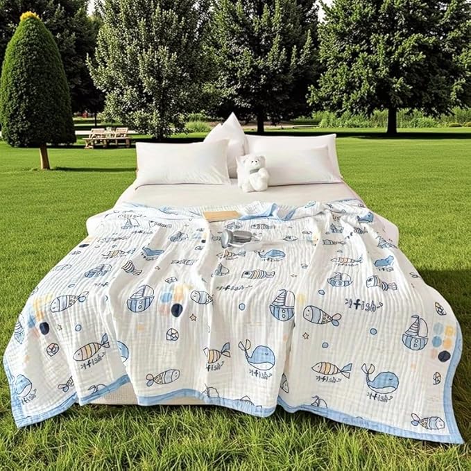 ITFRO Cooling 6 Layer Cotton Muslin Blanket For Hot Sleepers Twin Size 60x80 Inches Whale Soft Breathable Lightweight Reversible Summer Gauze Blanket for Adults Couch Sofa Bed Camping (Whale 60x80)