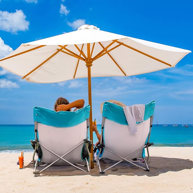 HAUSHOF High Back Beach Chair Mesh Back Folding Chair Lightweight Low Seat Camping Chairs with Cup Holder Carry Bag Padded Armrest for Outdoor Beach Lawn Camping Picnic Festival