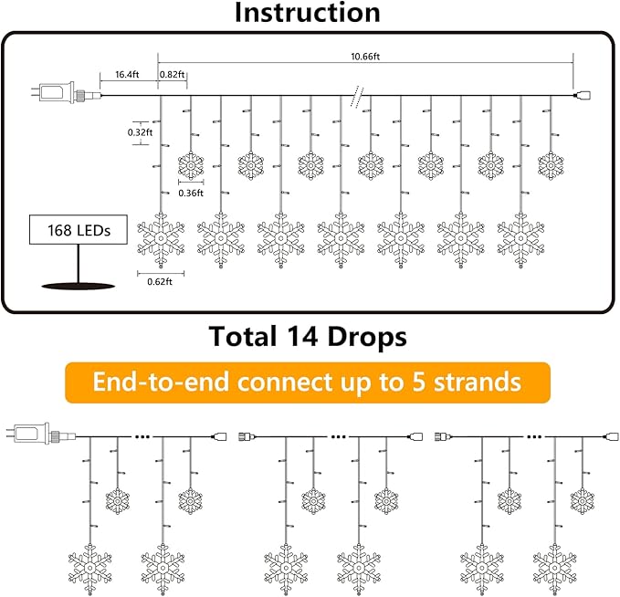 Christmas Snowflake Lights 10.66ft 168 LED Icicle Lights Outdoor with 14 Drops 8 Modes Waterproof Connectable Christmas Light for Eaves Wedding Garden Yard Indoor Xmas Decor (White &amp Icicle Blue