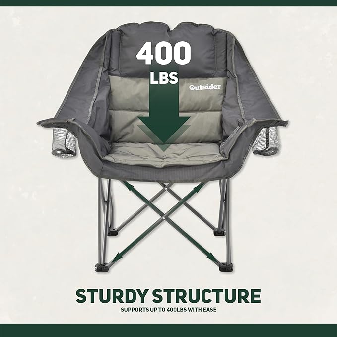 OUTSIDER Oversized Camping Chair Comfort Padded Lounge ChairOutdoor Camp Folding Chair Balcony Lounge 400lb Capacity