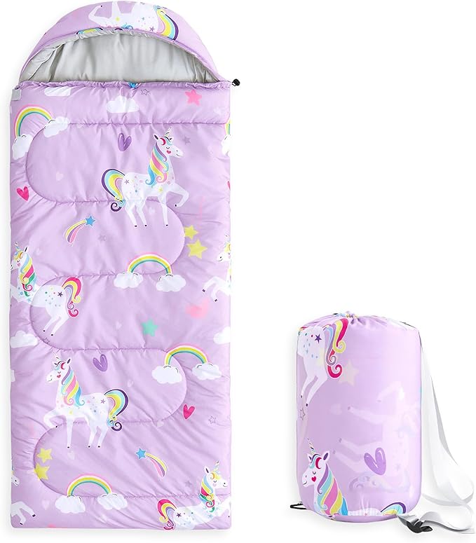 Wake In Cloud - Kids Sleeping Bag for Girls Toddlers Camping in Warm Cold Weather Backpacking Lightweight Compact Outdoor Liner for 3 Seasons Unicorns Rainbow Clouds