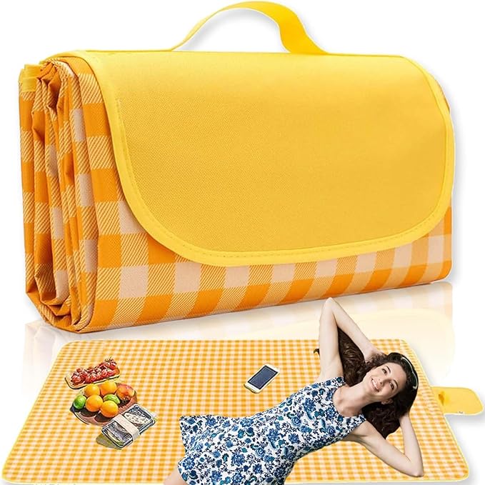 Outdoor Picnic Blanket 80''x80'' Extra Large Picnic Blankets Foldable Waterproof Sandproof Beach Blanket Portable Picnic Mat for Camping Park Hiking Travel Grass Playground - Yellow Stripe