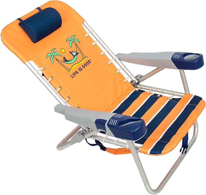 Life is Good 4-Position Lace-up Backpack Beach Chair with Pillow Cup and Phone Holder Canyon Orange