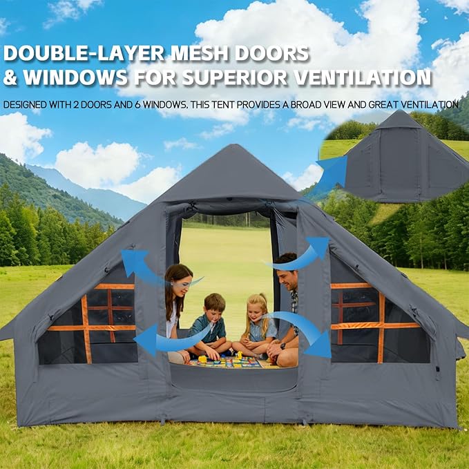 Inflatable Tents with Hand Pump Hot Tent with Stove Jack Easy Blow Up Glamping Tent with Mesh Windows 4-6 Person Instant Family Camping Tents Waterproof for 4 Seasons