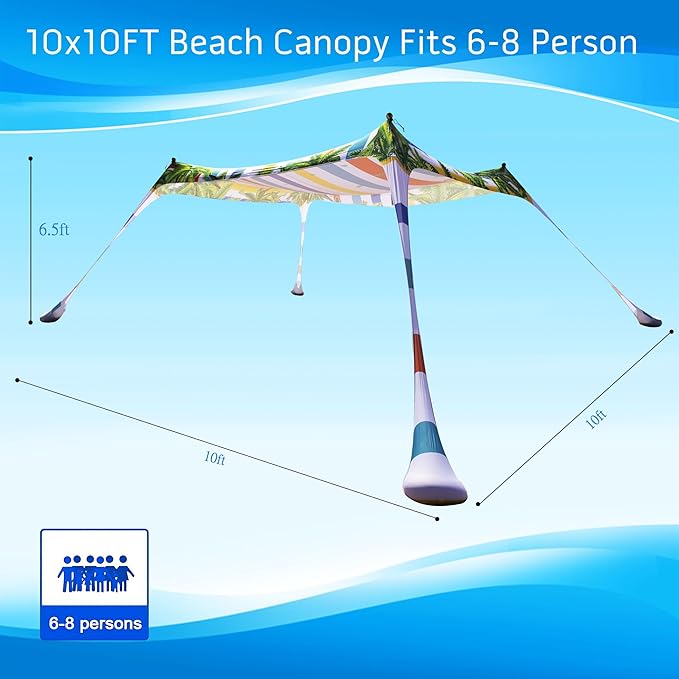 SUNWISHA Beach Tent Sun Shelter 10x10FT Portable Shade Canopy UPF 50+ with 4 Aluminum Foldable Poles Protection Beach Shade Canopy Camping Fishing Picnics Backyard Picnics