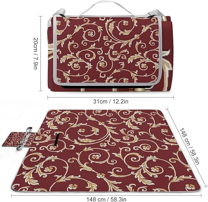 Flower Maroon Gold Floral Classy Burgundy Antique Waterproof Outdoor Picnic Blanket Sandproof Beach Mat for Camping Hiking Grass Travelling