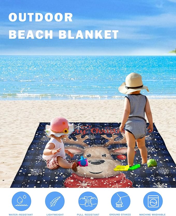 Beach Blanket Waterproof Sandproof Reindeer Xmas Ball Winter Snowflakes Quick Drying Beach Mat with 4 Stakes Blue Black Buffalo Check Lightweight Picnic Blanket for Travel Camping Outdoor 83x79