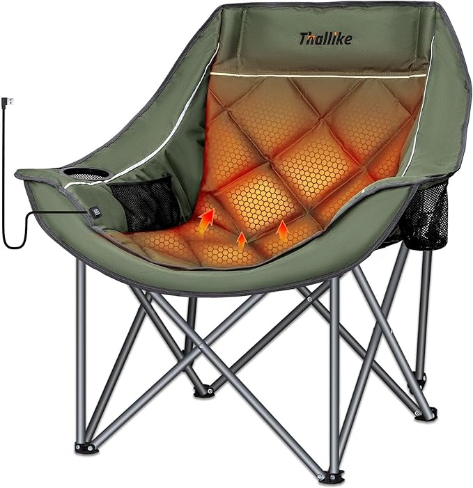 Heated Oversized Camping Chair for Adults Portable Folding Padded Chair with 3 Heat Levels Cup Holder Side Pocket and Carry Bag for Camping Outdoor Sports Picnic Lawn Supports up to 450lbs