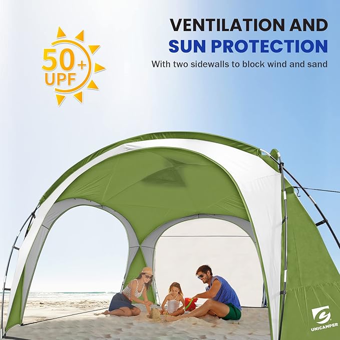 Beach Tent 12 X 12ft Large UPF50+ Pop Up Canopy with 2-Pcs Side Wall Sun Shelter Rainproof Waterproof for Camping Trips Backyard Fun Fishing Parties Or Picnics(Green)