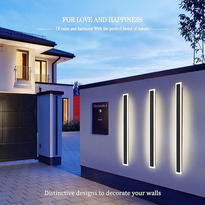 2Pack-79INCH Long Outdoor LED Wall Lights65W Waterproof IP65 Warm White 120V LED Wall Mount Light Fixture Acrylic Black Exterior Wall Lights for House Courtyard Balcony Porch