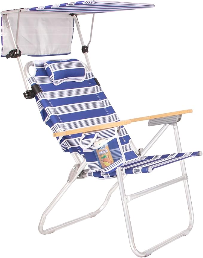 Heavy Duty Tall Beach Chair with Canopy Shade for Adults 17 High Off Ground 4-Position Reclining Insulated Cooler &amp Storage Pouch Bamboo-Finish Arms 300 lb Capacity