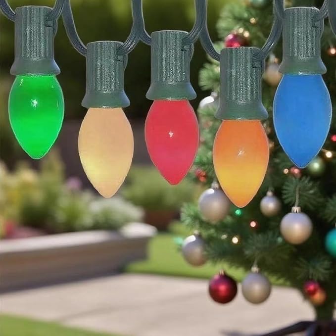 C7 LED Christmas String LightsVintage 25Ft Outdoor Multicolor String Lights with 27 Energy-Efficient Waterproof Glass LED Bulbs for Christmas Backyard CarnivalPatioWeddingHoliday Decoration.