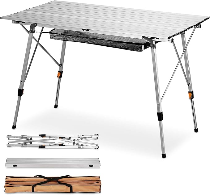 FiveJoy Folding Camping Table Outdoor Portable Picnic Camp Table with Aluminum Legs Adjustable Height Roll Up Table with Mesh Layer for Picnic Beach Grill Backyard Kitchen