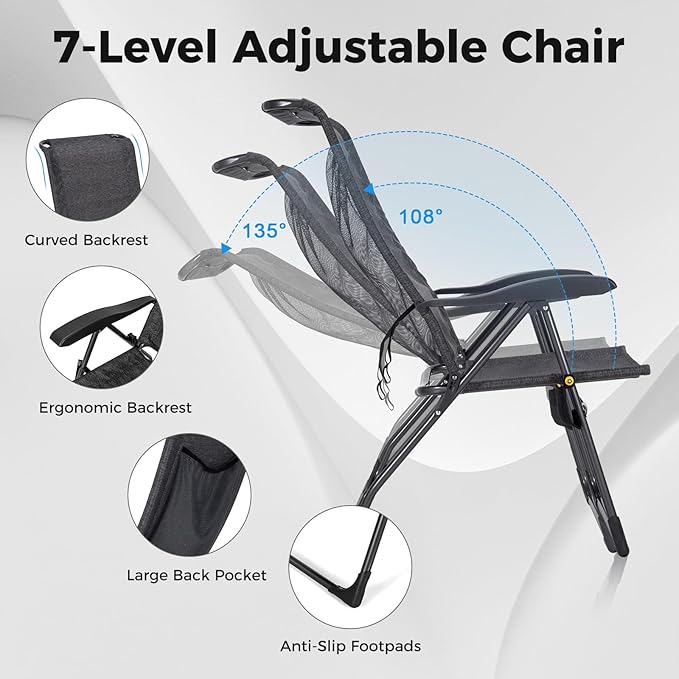 GYMAX Folding Camping Chair Patio Recline Chair with Ottomans with 7-Level Adjustable Backrest &amp Back Pocket Foldable Portable Lounge Chair with Stools for Backyard Outdoor/Indoor (2 Grey)