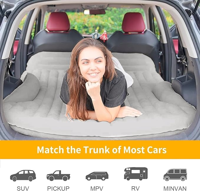 KMZ SUV Air Mattress Thickened and Double-Sided Flocking Travel Camping Bed with 2 Pillows &amp Electric Pump Dedicated Mobile Cushion Inflatable Bed for SUV Trunk and Rear Seat (Light Gray)