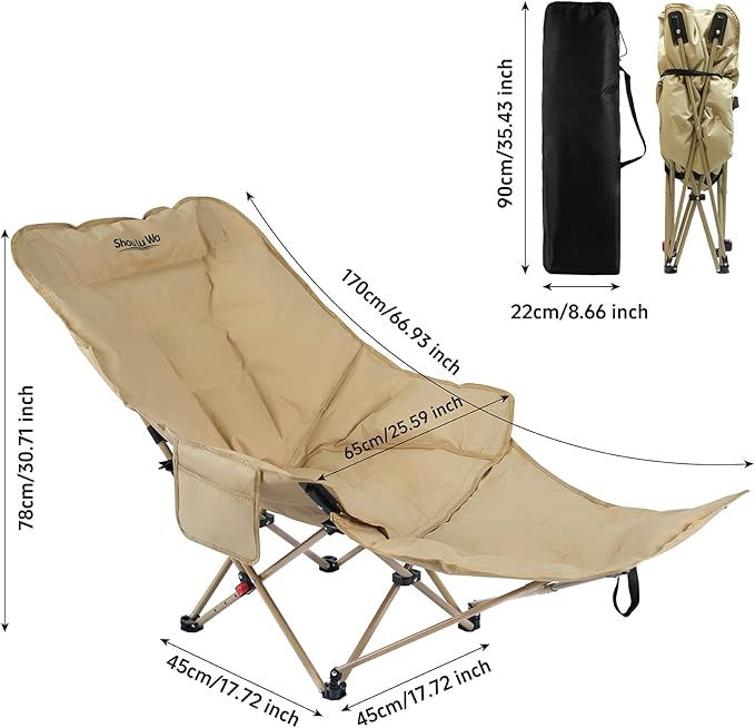 Dual Purpose Folding Camping Cot and Chair with Removable Footrest for Adults Easy-to-Assemble Adjustable Sleeping Chair with Carry Bag for Fishing Hiking Travel Home (Khaki)