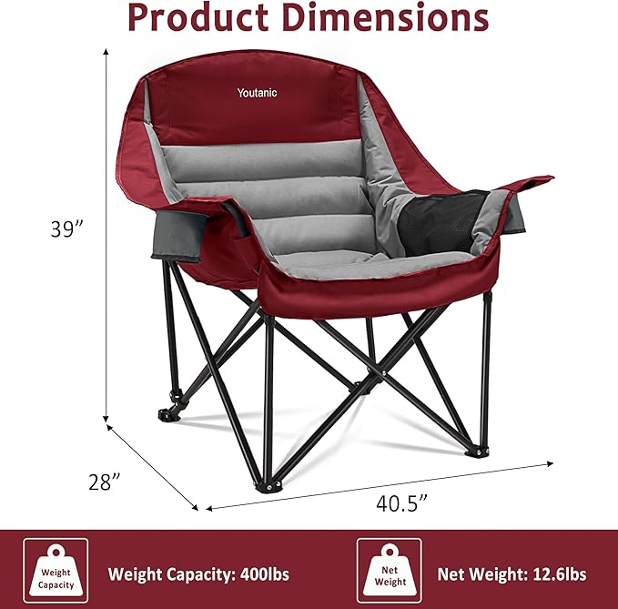 Oversized Camping Chair Portable Folding Camping Chairs with Side Pocket Cup Holder and Carry Bag Heavy Duty Outdoor Camping Chairs for Adults Fishing Sports Trip up to 400lbs Style 3