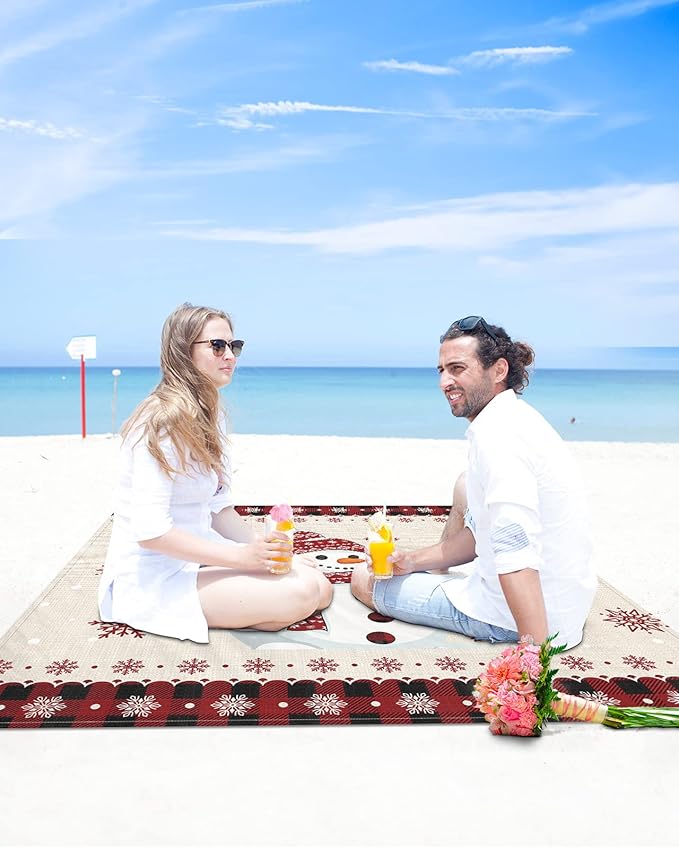 Beach Blanket Waterproof Sandproof Christmas Snowman Winter Snowflake Cardinal Quick Drying Beach Mat with 4 Stakes Red Black Checker Vintage Linen Lightweight Picnic Blanket for Travel 108x84