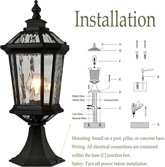 DANSEER Outdoor Post Light Fixture Waterproof Exterior Lamp with Water Ripple Glass Outside Post Lighting for Garden Patio Pathway Yard Lawn