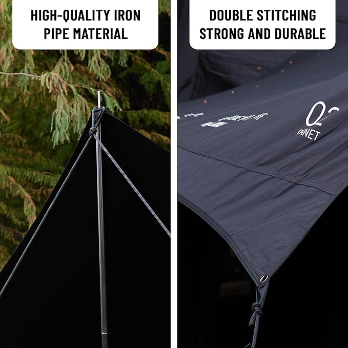 8-Point Cotton Camping Tarp with Iron Poles 210G Water-Repellent Fabric Roughly 15'5×14'9×7'6 UPF 50+ Sun Rain Shelter for Outdoor Travel Picnic