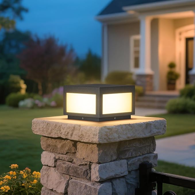 Outdoor Post Lights Hard Wired 9.8'' AC100-240V Pillar Light Outdoor Waterproof Fence Column Light Fixture Dusk to Dawn Modern 3000K LED Deck Post Cap Lamp Electric Lighting for Garden Posts