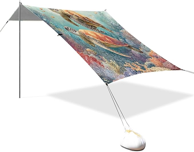 ALAZA Sea Turtles Coral Beach Tent Sun Shelter UPF50+ Protection Beach Shade Canopy w/ 4 Sandbags for Outdoor Camping Fishing Backyard Fun Picnic 10x9 ft