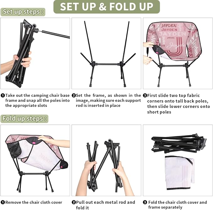 Custom Camping Chair Personalized Portable Backpacking Chair with Name Lightweight Folding Chair for Beach Hiking Peach