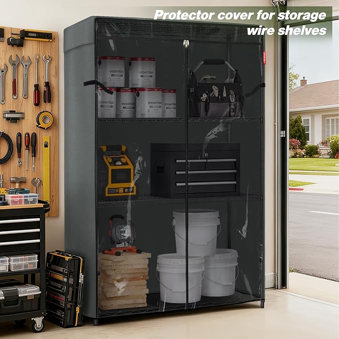 Porch Shield Storage Shelf Cover Fits 48 x 24 x 72 Wire Rack - Dustproof Shelving Unit Cover with Front Transparent(Grey)