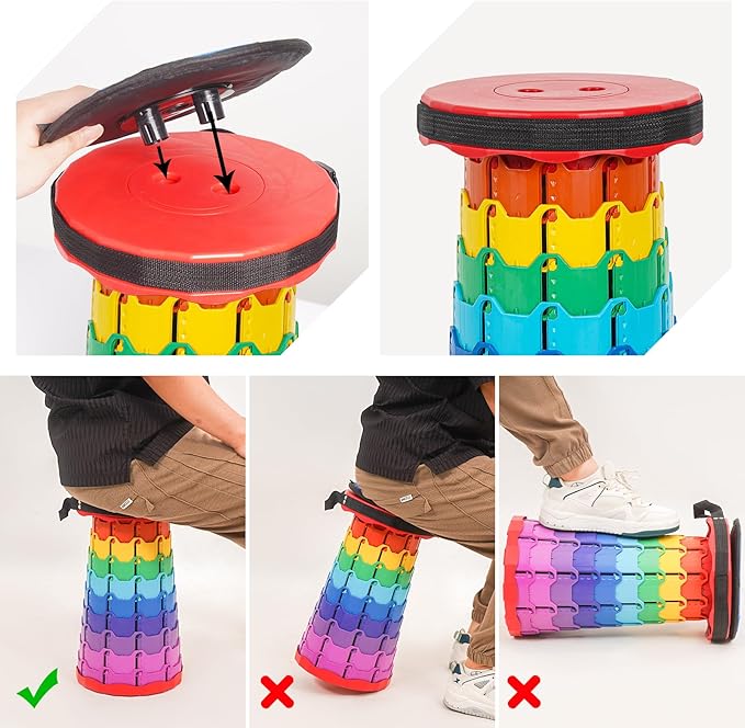 2 Pack Portable Telescoping Stools Collapsible Stool with CushionRetractable Foldingstool Max Load Capacity 400lbs Portable Collapsible Stools for Camping Hiking Outdoor BBQ Rainbow-Red