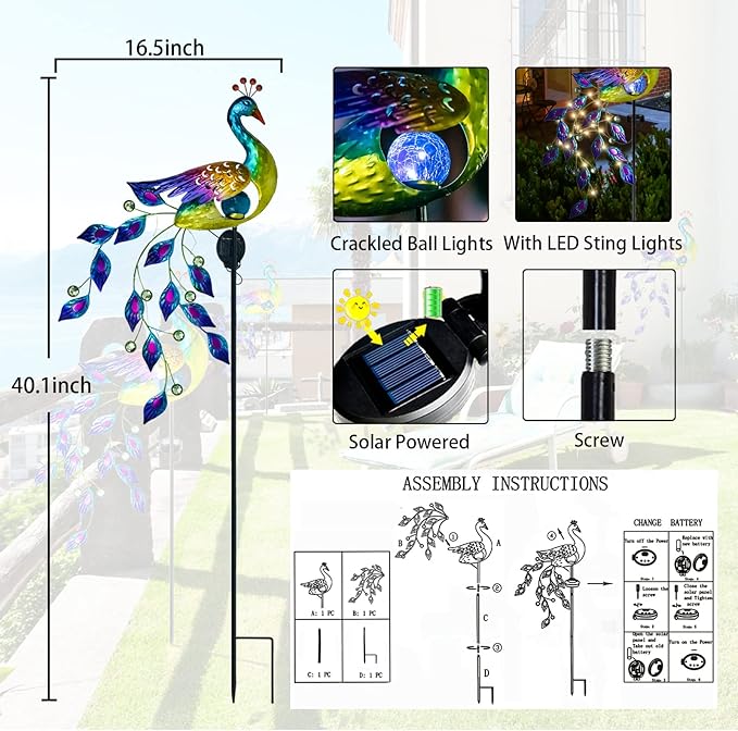 DREAMSOUL Solar Garden Lights Outdoor Metal Peacock Decor Solar Lights Garden Stakes with Led String Lights Waterproof Crackle Glass Ball Landscape Path Light for Lawn Patio