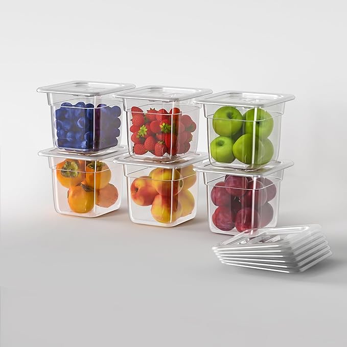 6Pack Food Pans 1/6 Size 6 Inch Deep Commercial Food Storage Containers Polycarbonate Clear (Click to select 1/6 Size 6 Deep With lid)