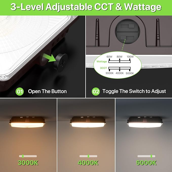 Glitgate LED Canopy Lights 4Pack - 100W/80W/60W 3-Wattage Adjustable 5000/4000K/3000K 3-CCT Selectable Commercial Outdoor Canopy Light IP65 Waterproof Ceiling Light Fixture for Warehouse
