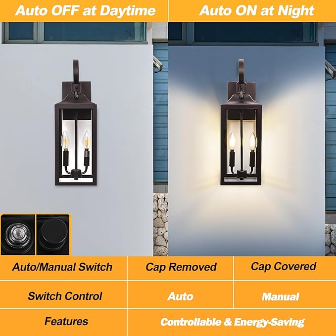 Oil Rubbed Bronze Dusk to Dawn Outdoor Wall Lighting 19 Large Outside Modern Wall Sconce Lantern Industrial Porch Light Wall Mount Waterproof Farmhouse Exterior Lamp 2-Light Brown 2 Pack
