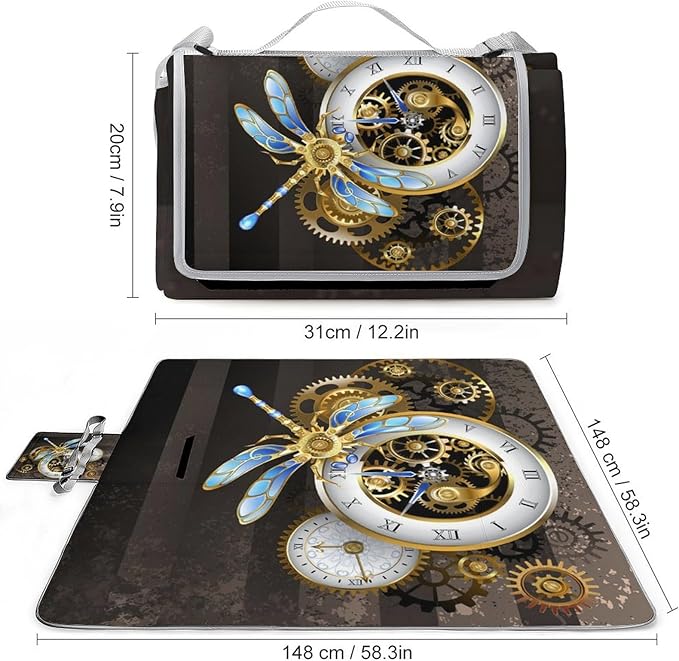 Vintage Steam Punk Clock Art Waterproof Outdoor Picnic Blanket Sandproof Beach Mat for Camping Hiking Grass Travelling