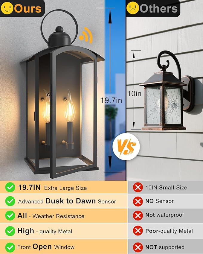 𝟏𝟗.𝟕-𝐈𝐍𝐂𝐇 Outdoor Wall Light Fixtures Dusk to Dawn Exterior Lanterns Waterproof Large Porch Sconces Wall Mounted Lighting Modern Matte Black Front Open Window Wall Lamps for Patio