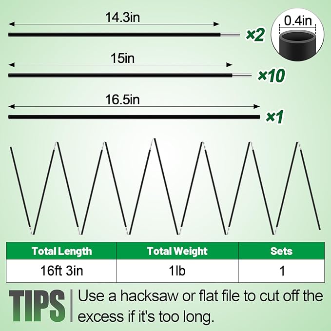 Aluminum Tent Poles Replacement - Pre-Assembled Tent Poles Stakes Fits Both Female and Male Ends - Lightweight Tent Pole Repair Kit for Hiking Camping Backpacking Tent 16FT 3IN