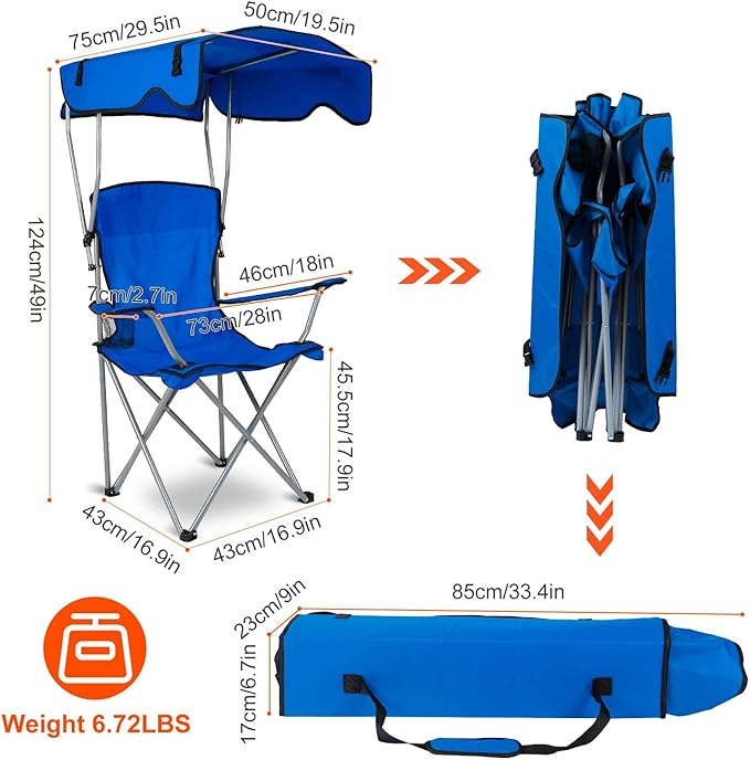 iMounTEK Camp Chair Foldable Canopy Camp Chair with Shade Sun Protection Camping Recliner with Carry Bag Support 330LBS Load Folding Seat with Cup Holder for Fishing/Beach/Travel/Picnic(Blue)