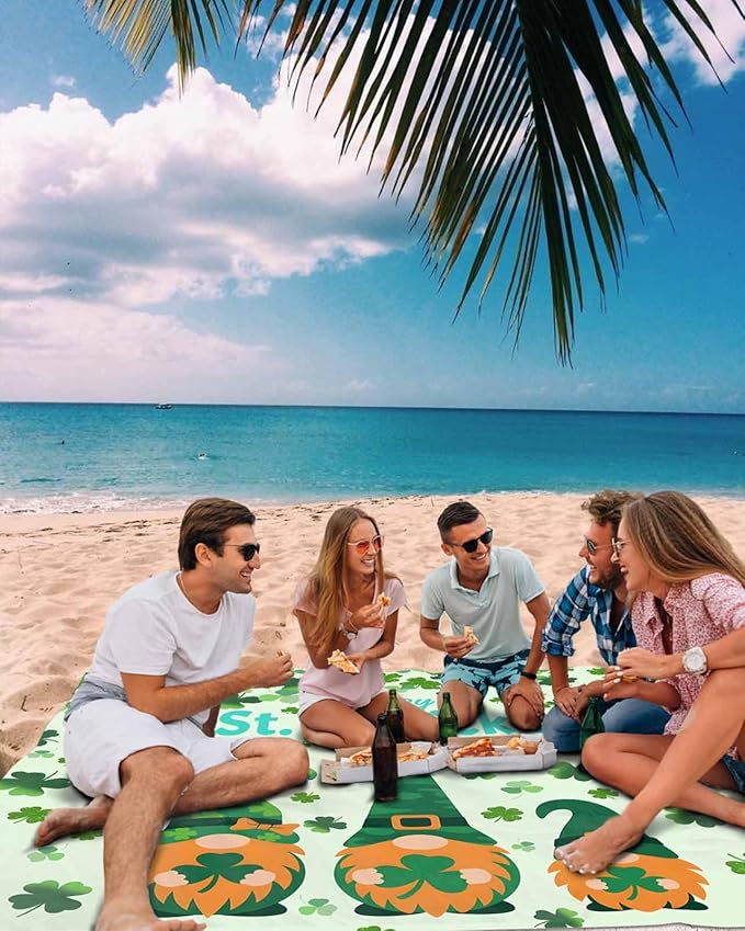 Beach Blanket Waterproof Sandproof OversizedHappy St. Patrick's Day Beach Mat with Corner Stakes Sand PocketsDwarves Four Leaf Grass Outdoor Picnic Mat for Travel Camping Hiking108x84In