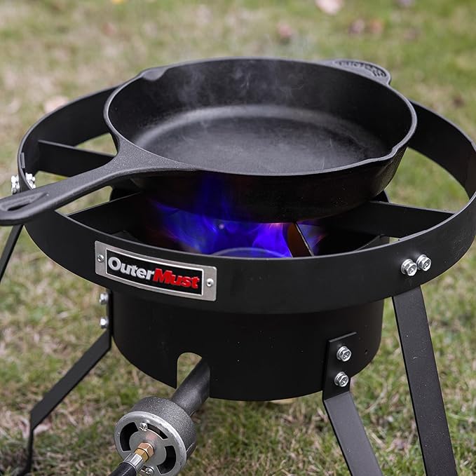 85000 BTU Camping Stove for Cast Iron Dutch OvenSingle Propane Burner with 10 PSI Regulator &amp Cast Iron Braided Holes Heavy Duty Round Gas Stove for Outdoor Cooking &amp Camping