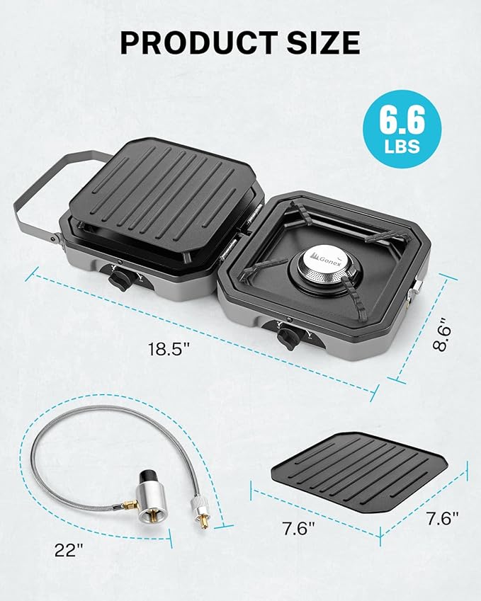 Gonex 2 Burner Propane Camping Stove with Griddle &amp Grates Portable Foldable Cooking Stove with Total 16000 BTU Two Piezo Ignition Adjustable Burners for Camping Patio Emergency Hiking (Grey
