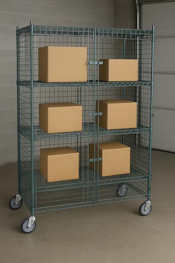 Chrome Mobile Security Wire Cage Kit – Heavy Duty NSF Utility Storage Unit with Lockable Doors &amp Wheels – Commercial Grade Metal Storage Multiple Sizes (Green 24 x 36 x 70)
