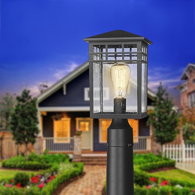 Outdoor Post Light Fixture Modern Exterior Pillar Lantern with Black Finish &amp Seeded Glass Pole Light for Garden Backyard Courtyard Patio Porch RZ009-P BK
