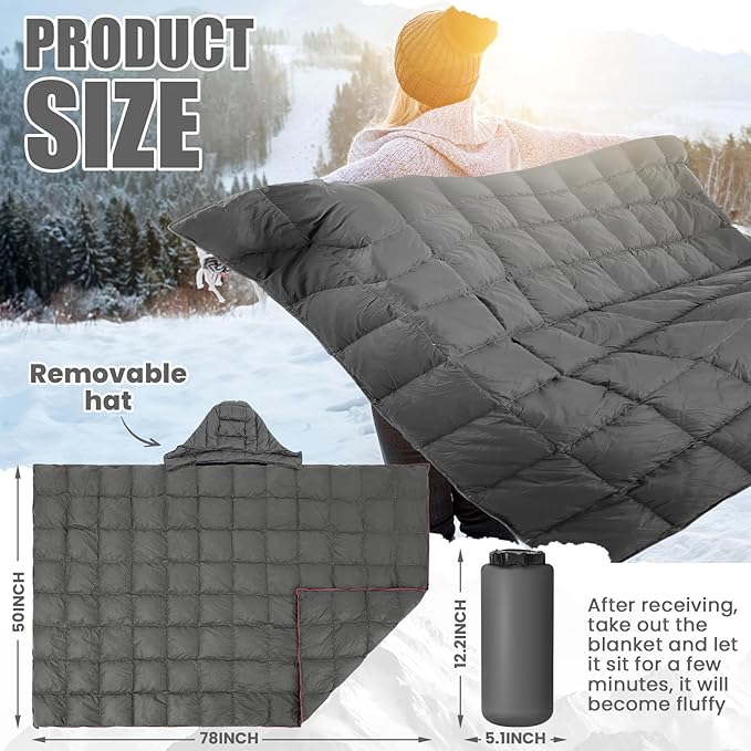 Upgraded Hooded Down Camping Blanket Waterproof 650 Fill Puffy Poncho Blanket 77 x 50 Packable Wearable Sleeping Bag with Detachable Hat Outdoor Stadium Camping 1.36 lb(Grey)