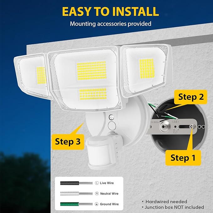90W 10000LM LED Security Lights Motion Sensor Outdoor Lights 4 Head Dusk to Dawn 6500K Daylight Flood Lights Outdoor Motion Sensor IP65 Waterproof Motion Light for Outside Garage Yard Porch