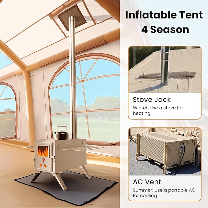 Inflatable Tents for Camping Blow Up Tent with Hand Pump Easy Setup Inflatable Hot Tent with Stove Jack Waterproof Oxford Air Glamping Tents for Camping Adult 4 Person Upgrade Version