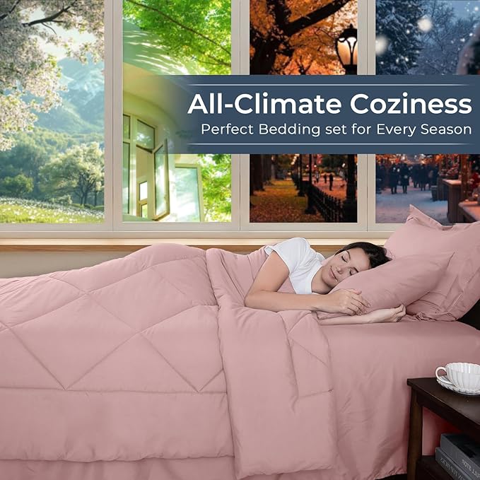 HEVUMYI Dusty Pink Cali-King Comforter Set - 7-Piece All Season Bed in a Bag Cali-King Ultra Soft Bedding Set with Comforter Flat Sheet Fitted Sheet Pillowcases Pillow Shams