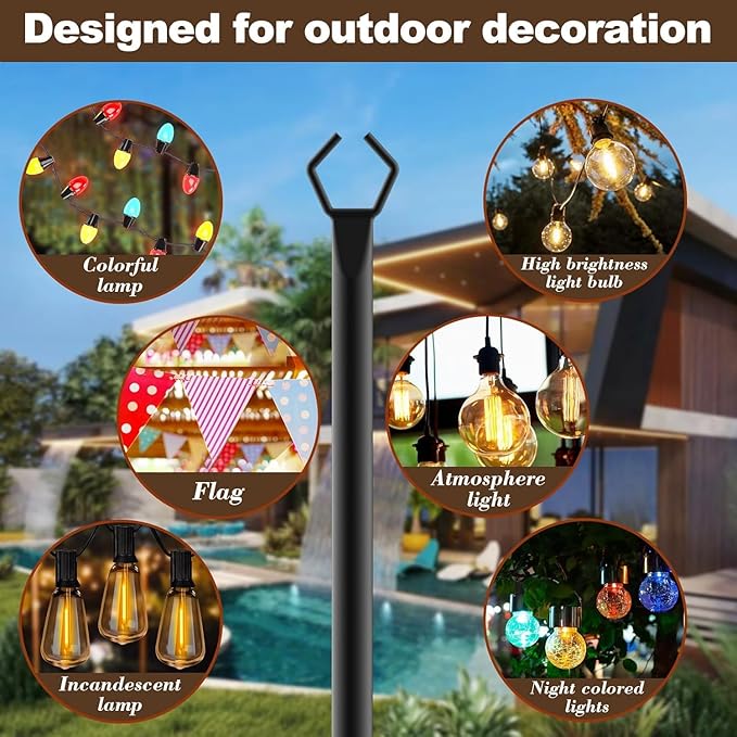 10Ft String Light Poles 6 PackLight Poles for Outside LightsOutdoor with Fence Brackets Hanging LightsMetal Stand Deck Patio Backyard