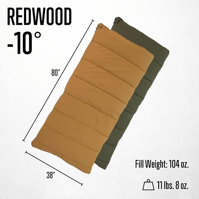 ALPS OutdoorZ Redwood -10°F Flannel-Lined Sleeping Bag with Cotton Canvas Shell Heavy-Duty Zippers Oversized Rectangle Design Cold Weather Camping &amp Hunting Gear